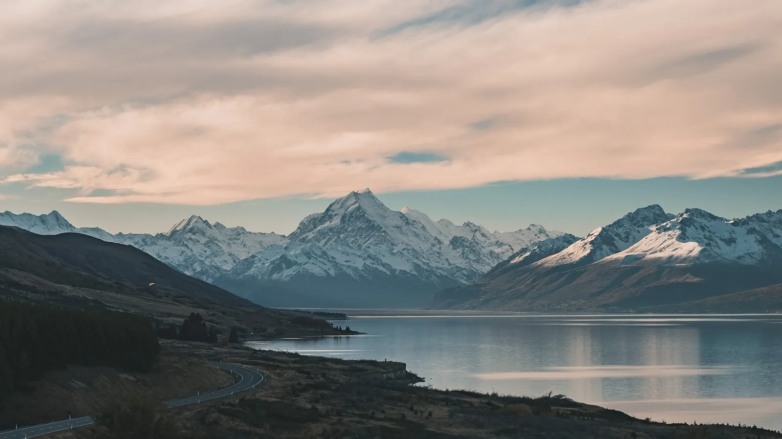 Aoraki / Mount Cook above Lake Pukaki at dusk, New Zealand