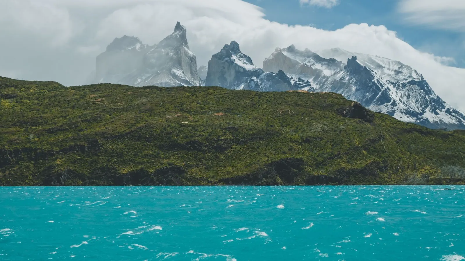 Los Cuernos above a turquoise lake in Torres del Paine, Chile